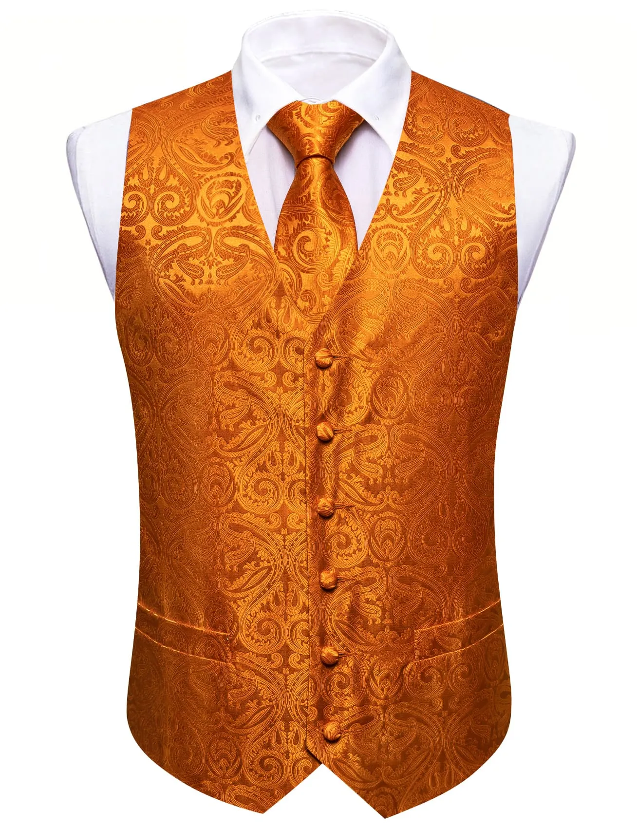 Ties2you Vest for Men Cinnamon Orange Floral Silk Button Vest Tie Pocket Square Cufflinks Set