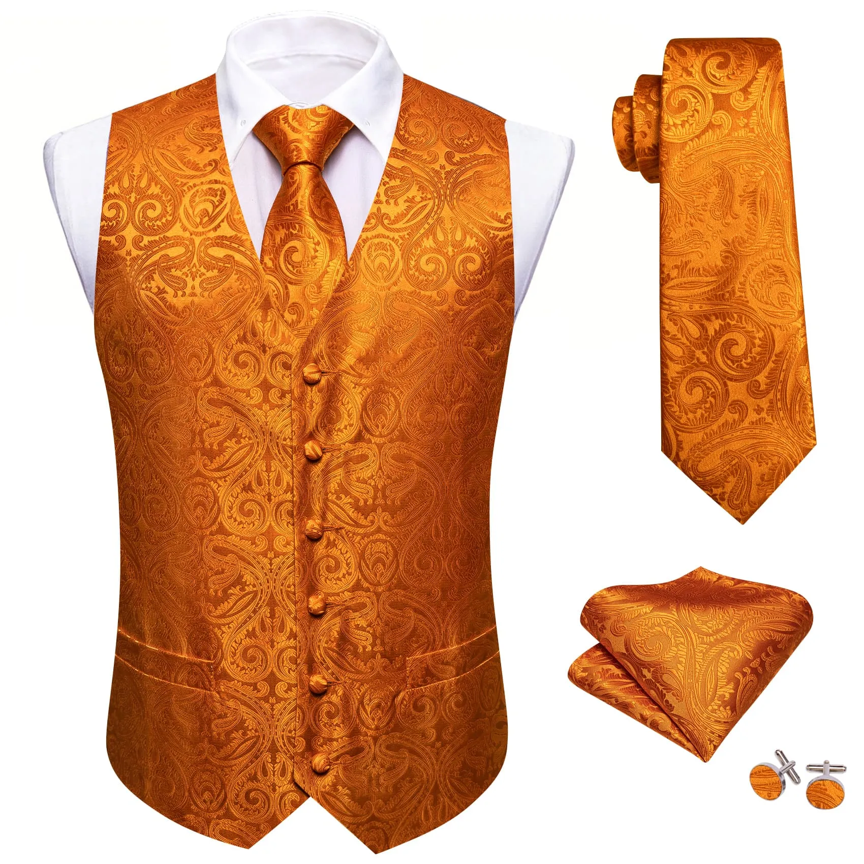 Ties2you Vest for Men Cinnamon Orange Floral Silk Button Vest Tie Pocket Square Cufflinks Set