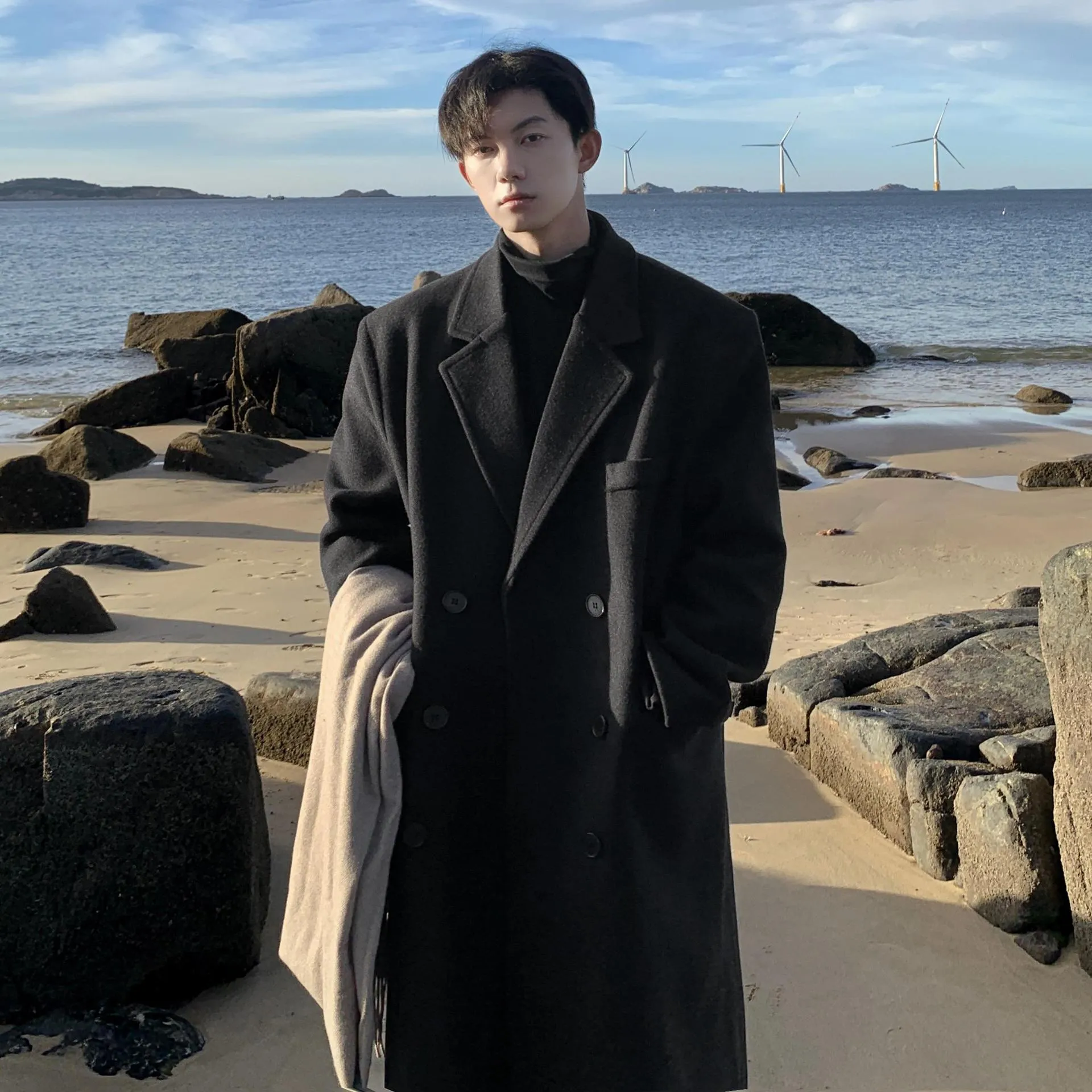 Toleet streetwear men outfits Winter New Woolen Coat Men's Korean-Style over-the-Knee Mid-Length Trench Coat plus Size Loose Woolen Coat Men