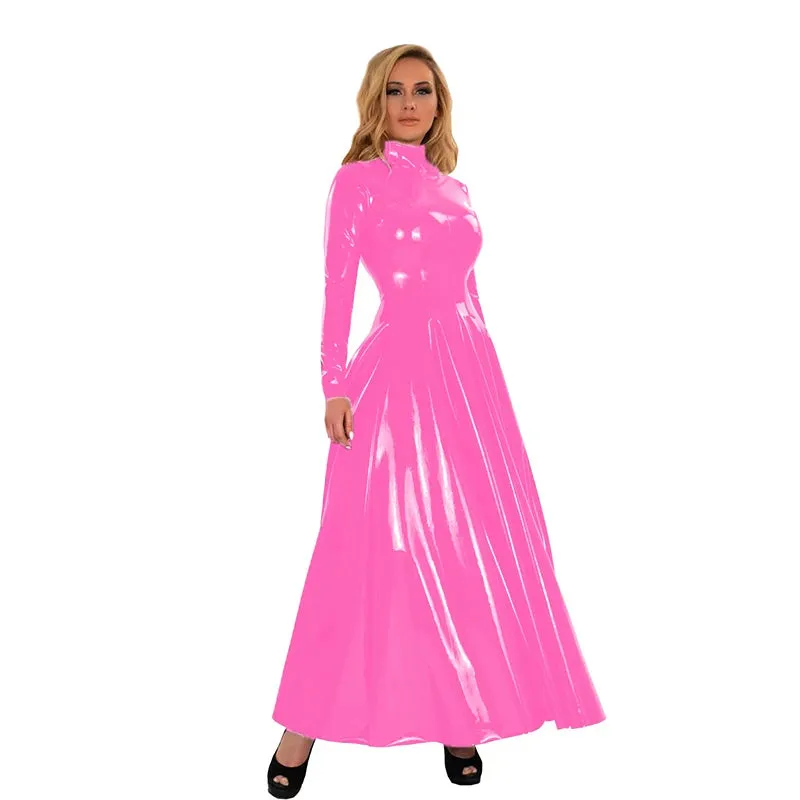 Trendy Faux Latex Floor Length High Neck Maxi Dress