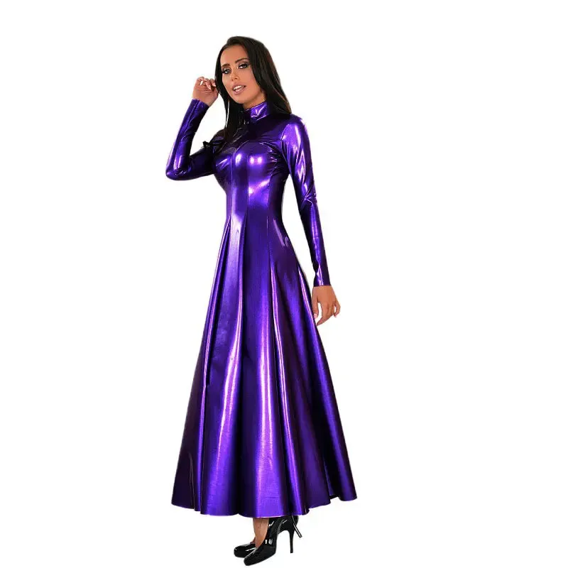 Trendy Faux Latex Floor Length High Neck Maxi Dress