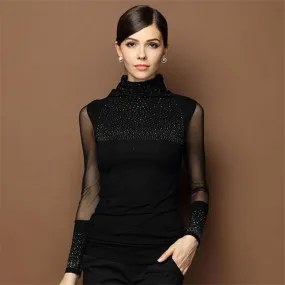 Trendy Mesh Lace Long Sleeve Turtleneck Blouse