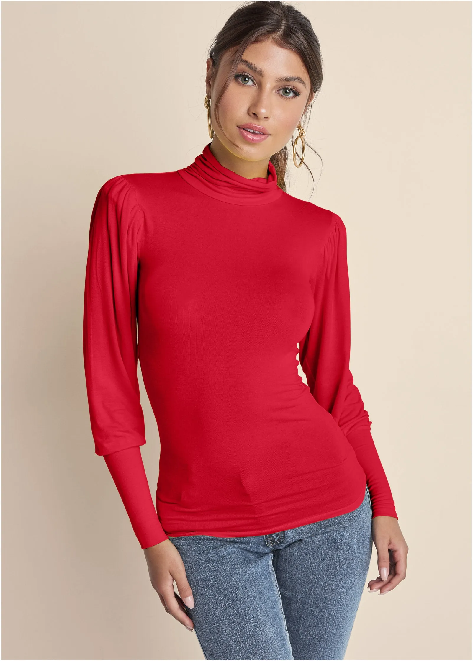 Turtleneck Long Sleeve Top - Red