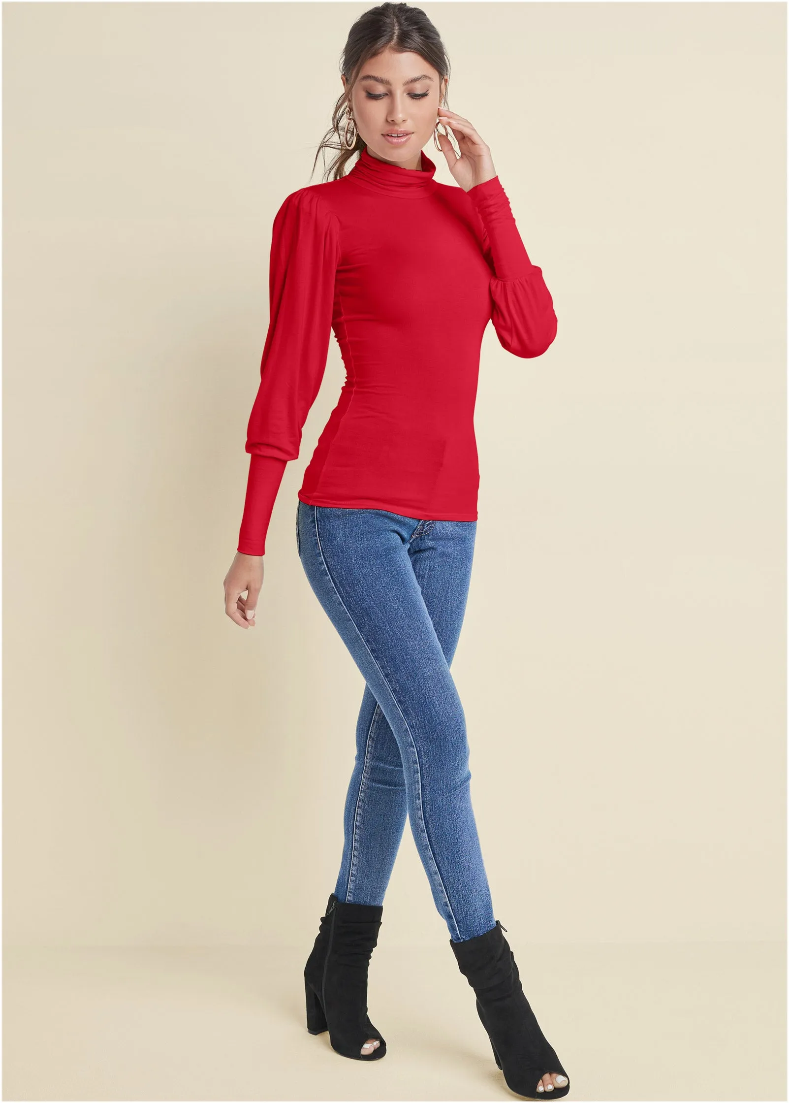 Turtleneck Long Sleeve Top - Red