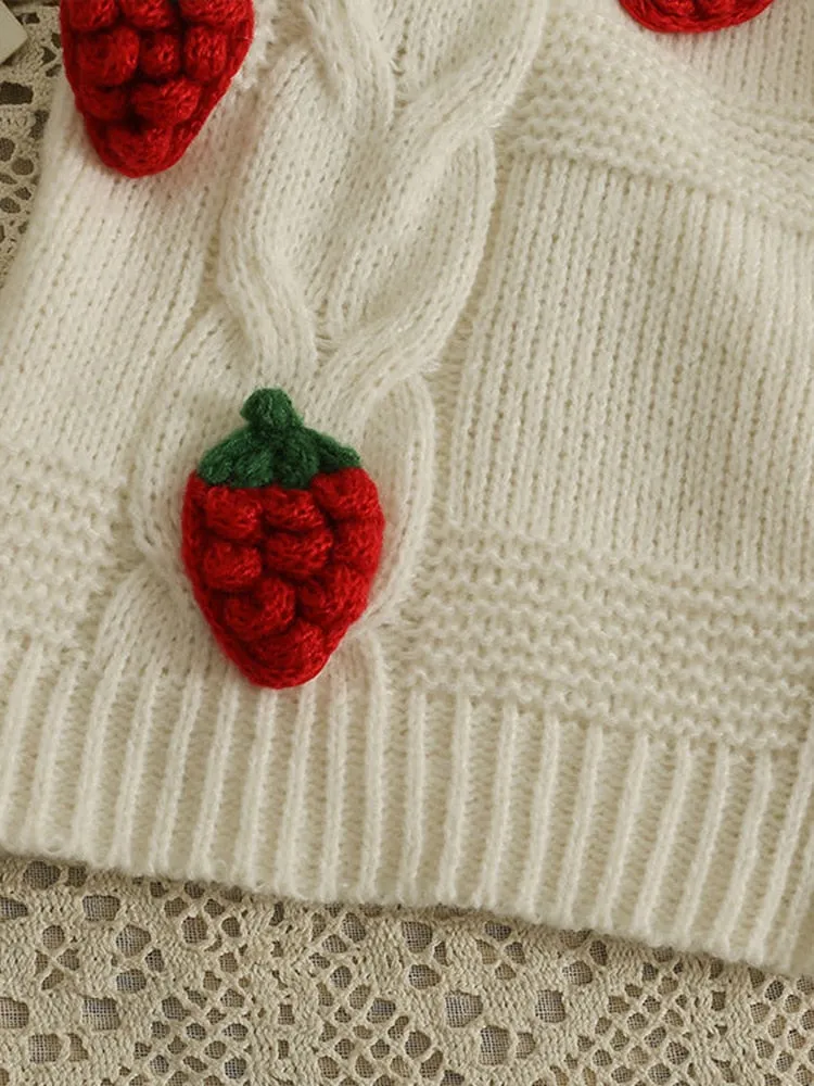 Twisted Women Knitted Cardigan Fashion 3D Strawberry Loose Sweet Sweater Fall Cute V Neck Thick Ladies Sweater Coats