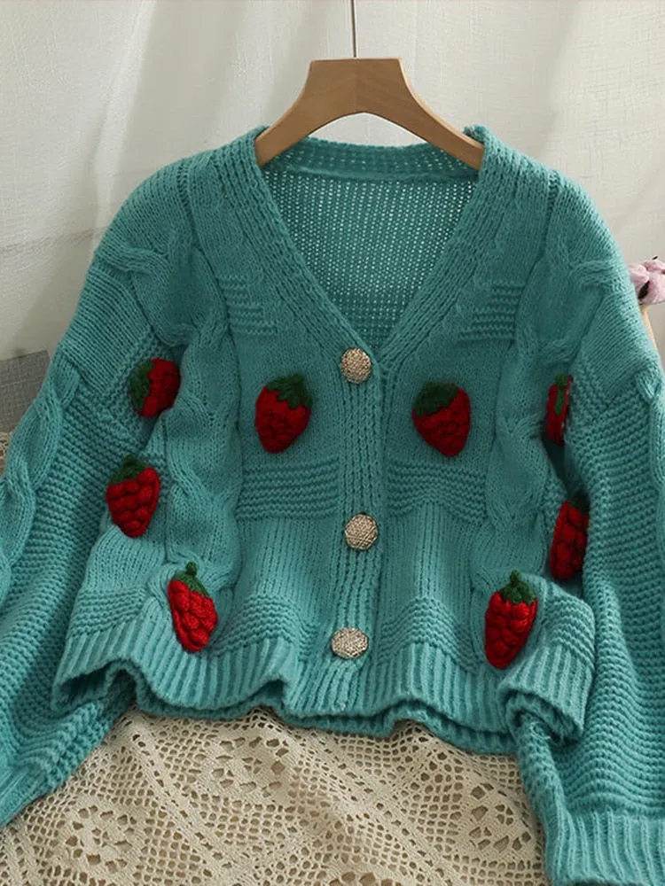 Twisted Women Knitted Cardigan Fashion 3D Strawberry Loose Sweet Sweater Fall Cute V Neck Thick Ladies Sweater Coats