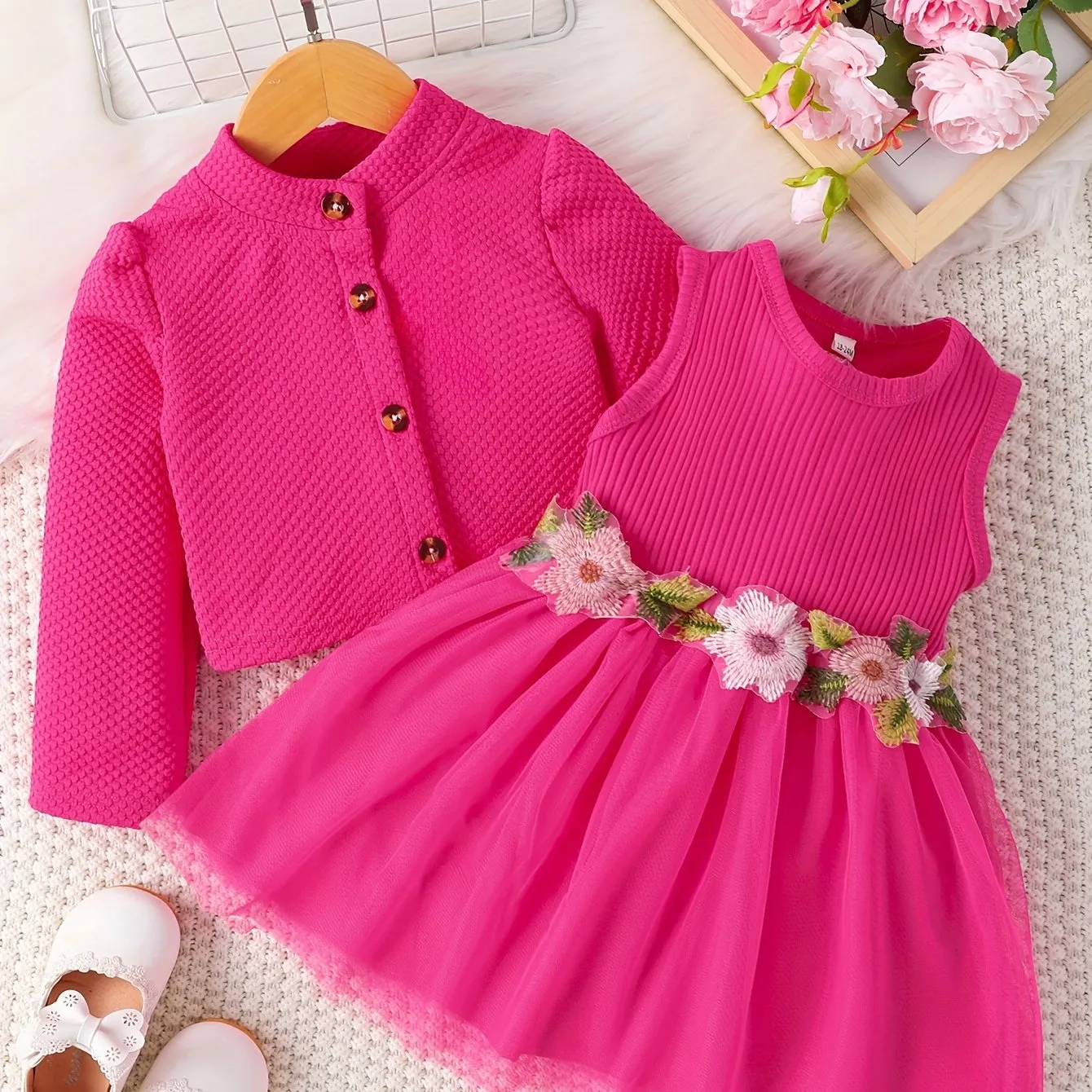 Two-Piece Set: Puff Skirt Dress and Long-Sleeve Buttoned Coat