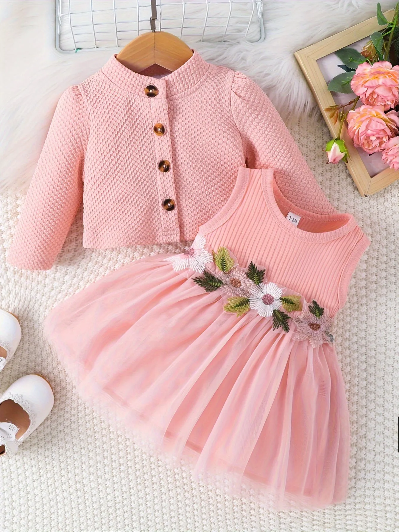 Two-Piece Set: Puff Skirt Dress and Long-Sleeve Buttoned Coat