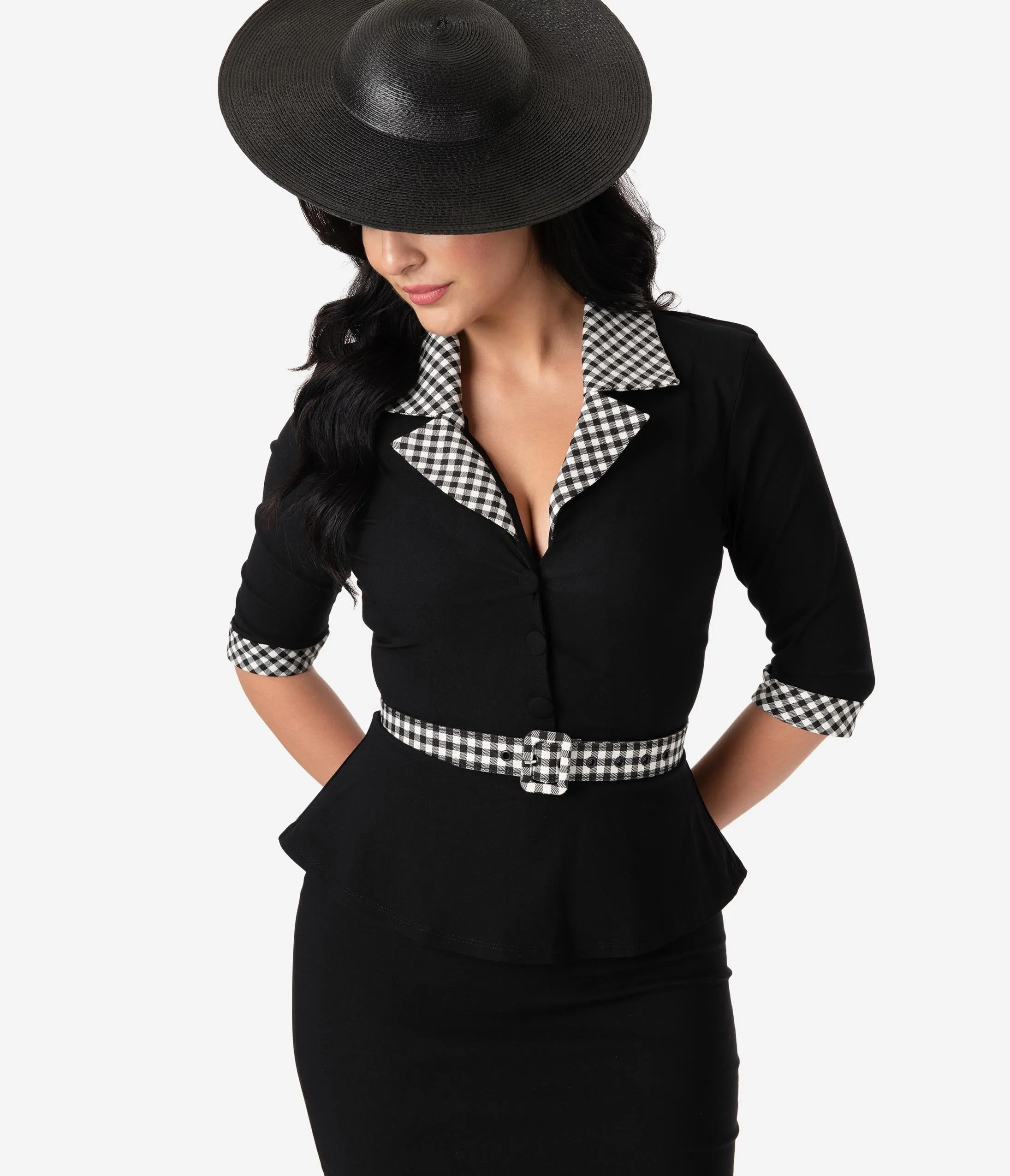 Unique Vintage 1940s Black & Gingham Peplum Cooper Suit Dress