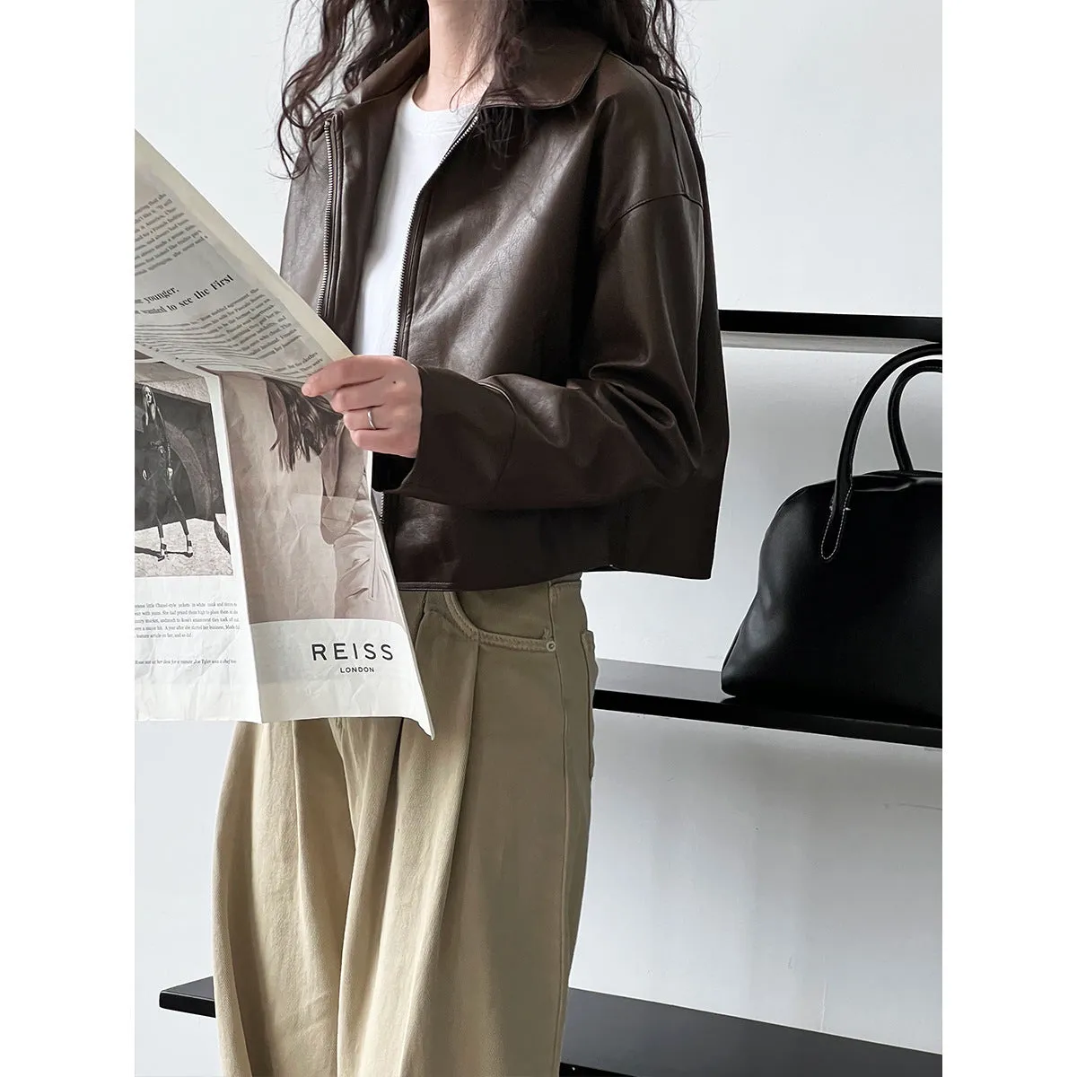 Uniwim barn jacket outfits Luxi Cool Handsome High Sense ~ Lapel Leather Coat Women's Spring and Autumn Hong Kong Style PU Leather Jacket Motorcycle Top Trendy 9595