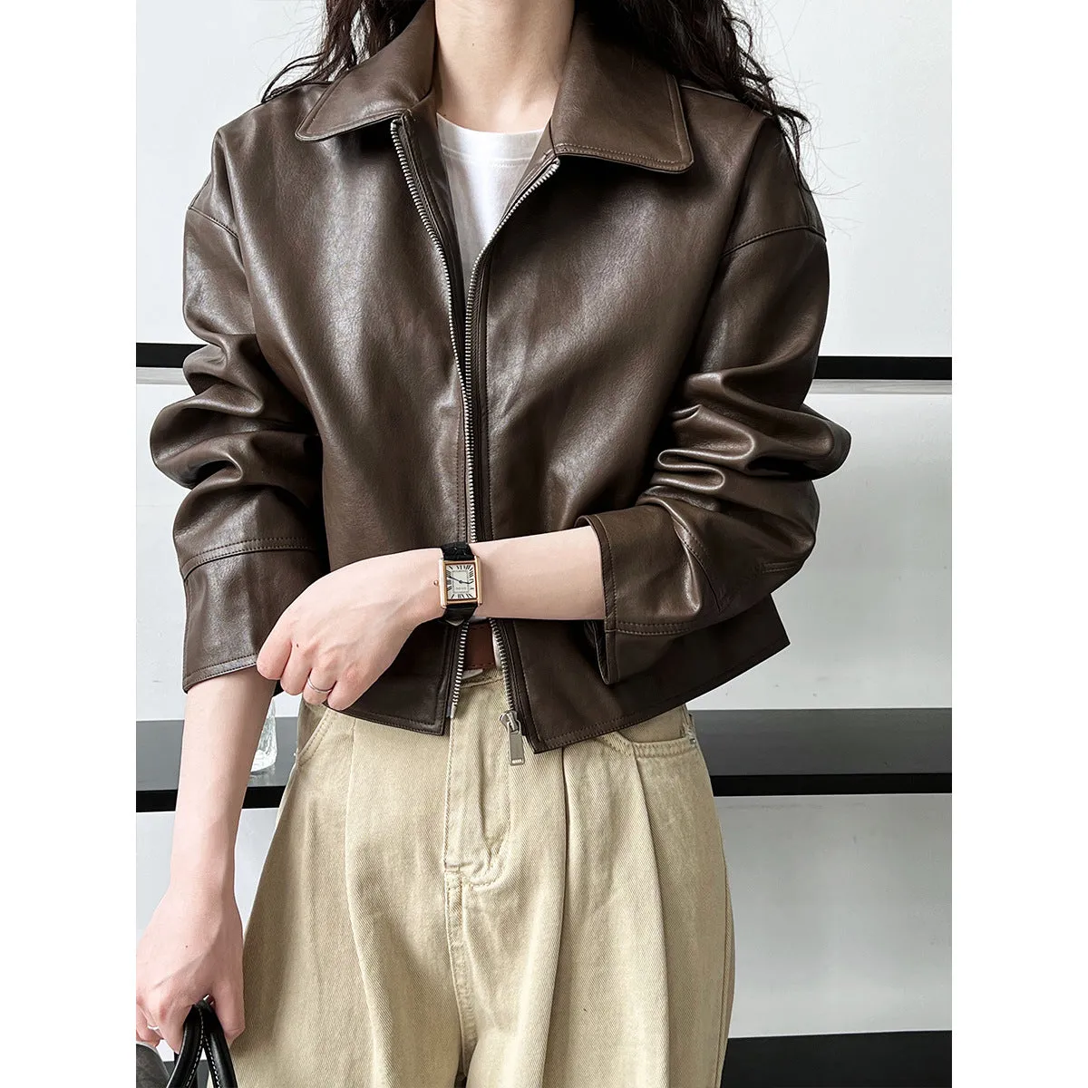 Uniwim barn jacket outfits Luxi Cool Handsome High Sense ~ Lapel Leather Coat Women's Spring and Autumn Hong Kong Style PU Leather Jacket Motorcycle Top Trendy 9595