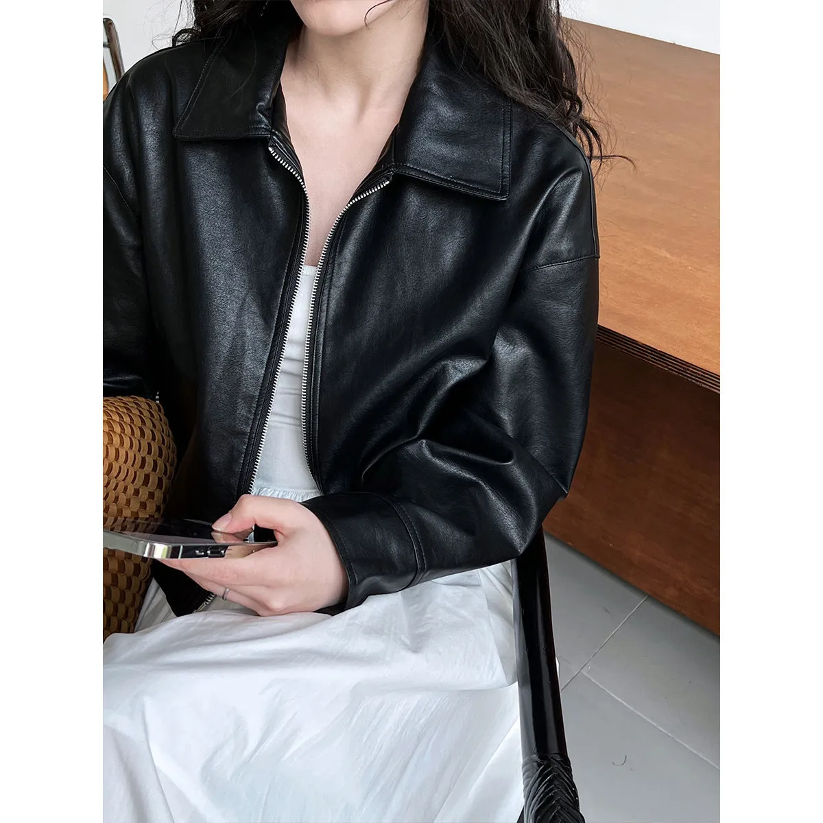 Uniwim barn jacket outfits Luxi Cool Handsome High Sense ~ Lapel Leather Coat Women's Spring and Autumn Hong Kong Style PU Leather Jacket Motorcycle Top Trendy 9595