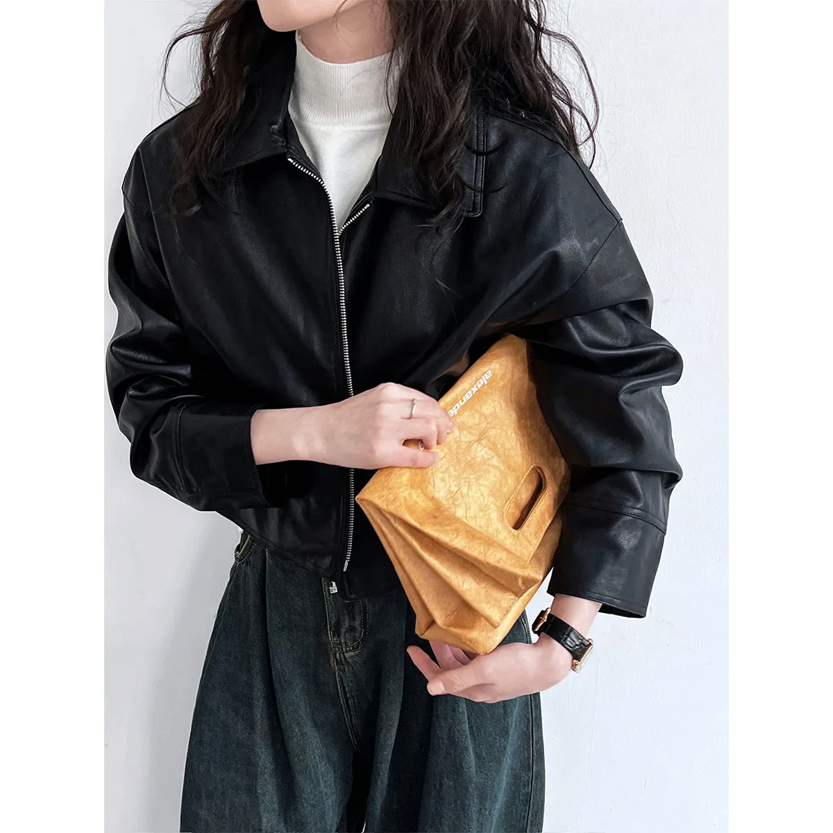 Uniwim barn jacket outfits Luxi Cool Handsome High Sense ~ Lapel Leather Coat Women's Spring and Autumn Hong Kong Style PU Leather Jacket Motorcycle Top Trendy 9595