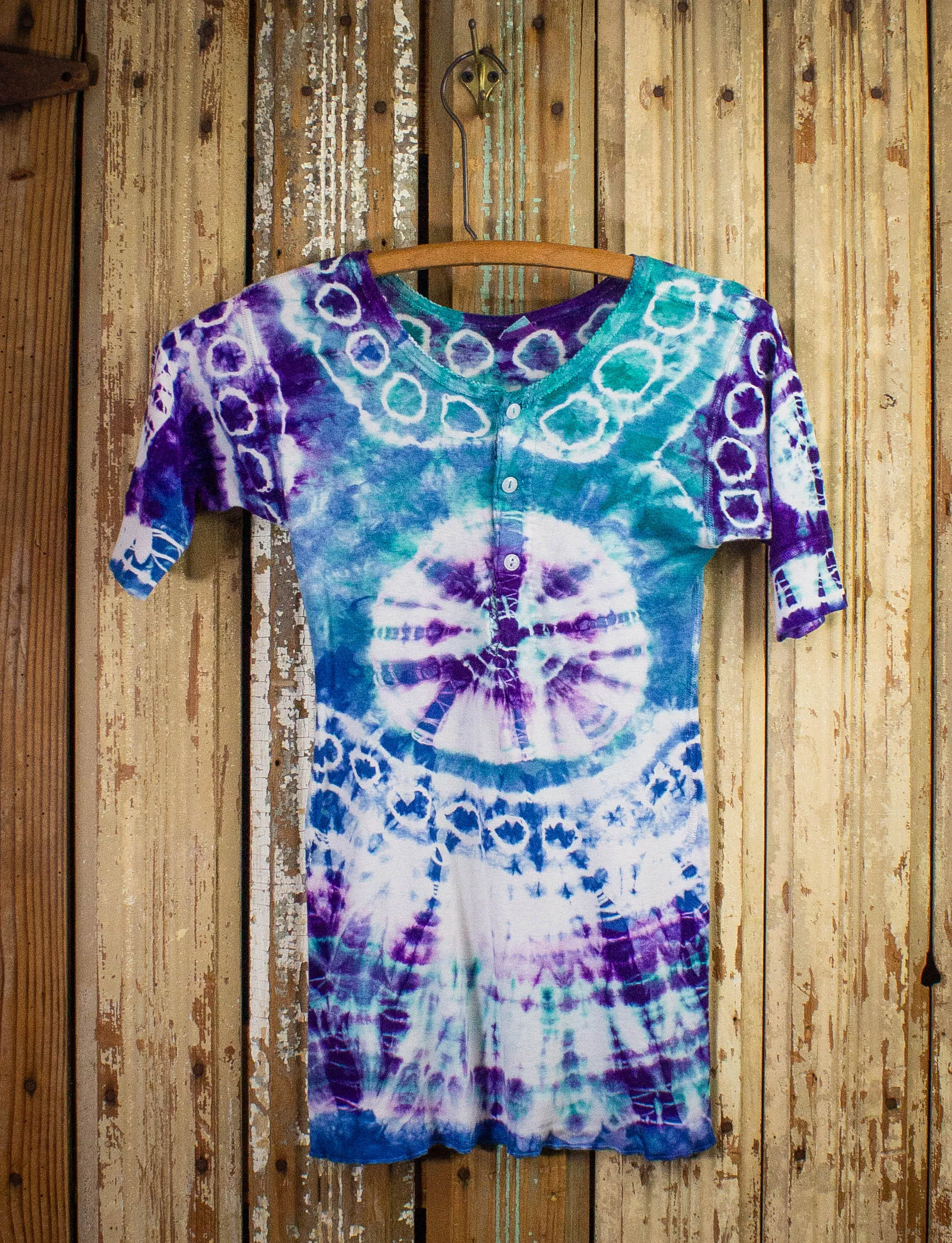 Vintage Mihitabel Tie Dye Henley T Shirt 60s Blue, Purple, and White XS