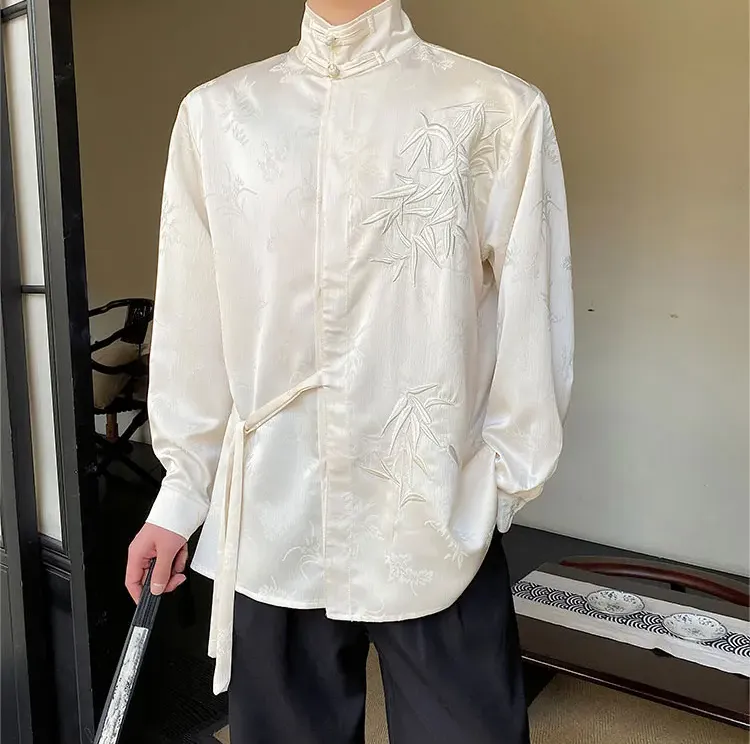 Vintage Solid Knot Button Embroidery Shirt