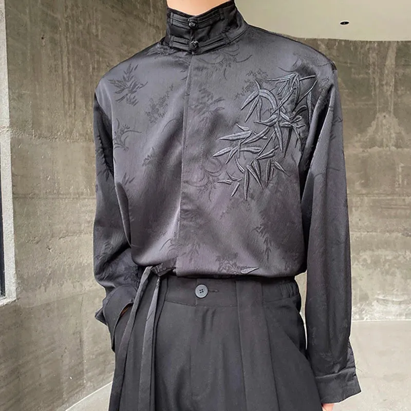 Vintage Solid Knot Button Embroidery Shirt