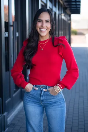 What’s Popping Red Ruffle Sleeve Sweater Top