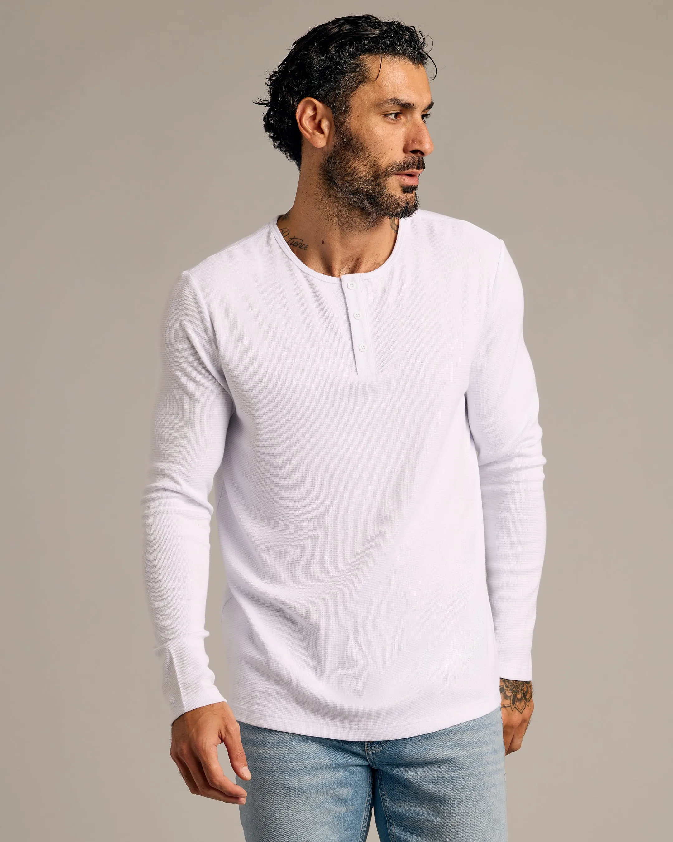 White Waffle Long Sleeve Henley