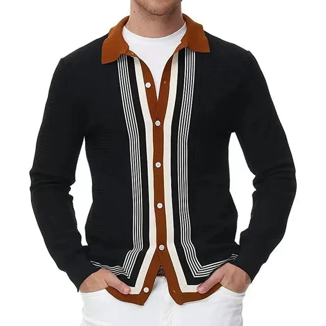 Wiaofellas  -  Men Long Sleeve Slim Knit POLO Shirt Fashion Turn-down Collar Striped Cardigan Top Spring Autumn Ice Silk Sweater T-shirt