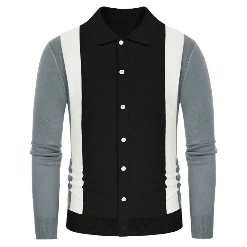 Wiaofellas  -  Men Long Sleeve Slim Knit POLO Shirt Fashion Turn-down Collar Striped Cardigan Top Spring Autumn Ice Silk Sweater T-shirt