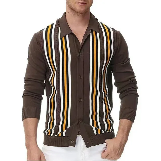 Wiaofellas  -  Men Long Sleeve Slim Knit POLO Shirt Fashion Turn-down Collar Striped Cardigan Top Spring Autumn Ice Silk Sweater T-shirt