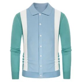 Wiaofellas  -  Men Long Sleeve Slim Knit POLO Shirt Fashion Turn-down Collar Striped Cardigan Top Spring Autumn Ice Silk Sweater T-shirt