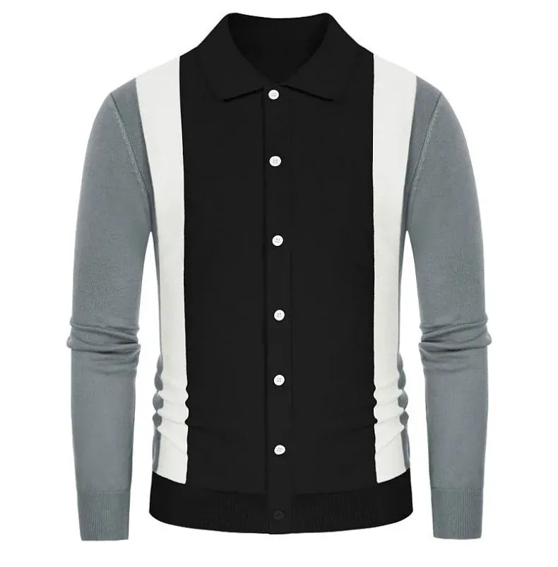 Wiaofellas  -  Men Long Sleeve Slim Knit POLO Shirt Fashion Turn-down Collar Striped Cardigan Top Spring Autumn Ice Silk Sweater T-shirt