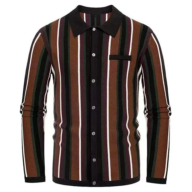 Wiaofellas  -  Men Long Sleeve Slim Knit POLO Shirt Fashion Turn-down Collar Striped Cardigan Top Spring Autumn Ice Silk Sweater T-shirt