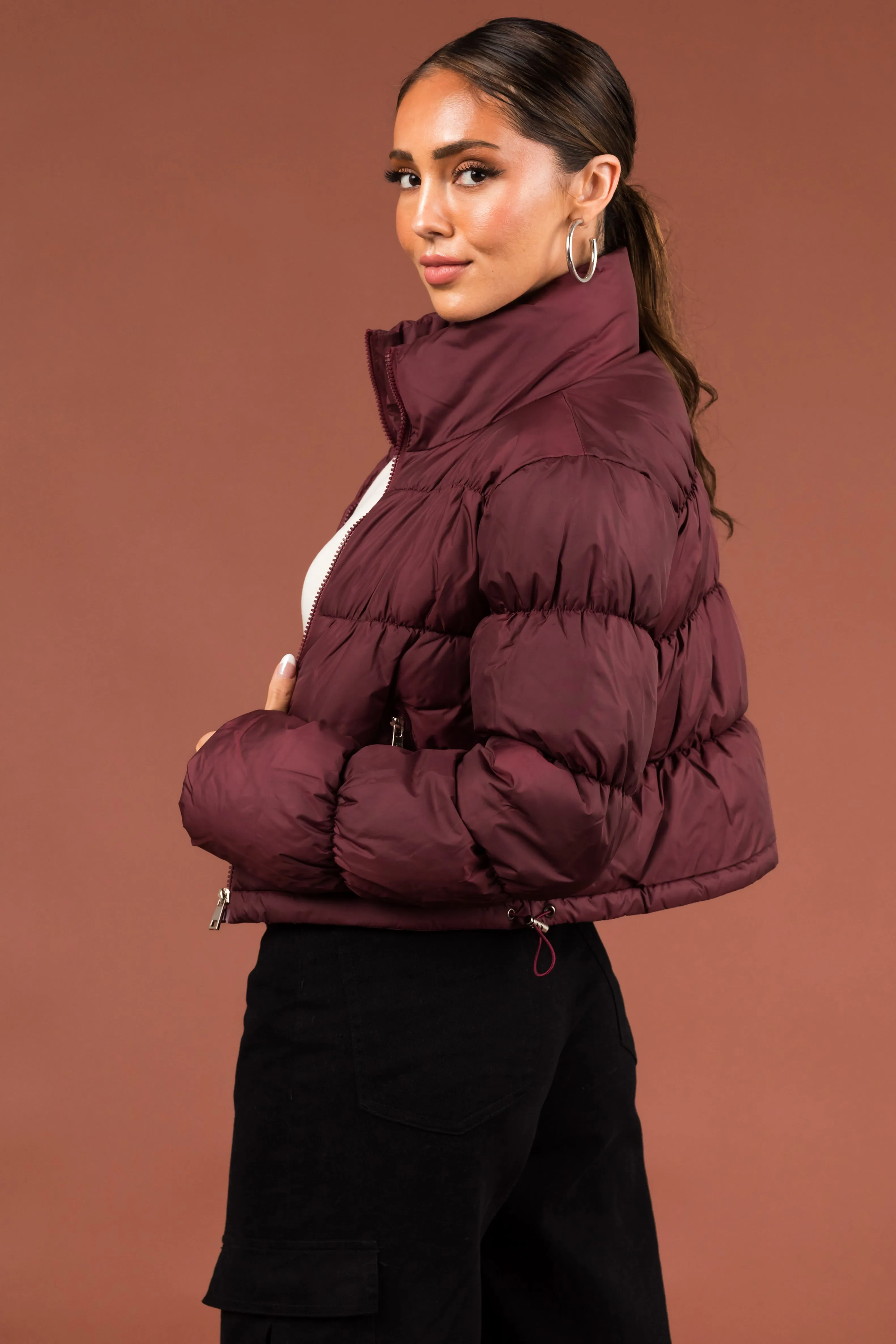 Wine Drawstring Hem Cropped Puffer Jacket