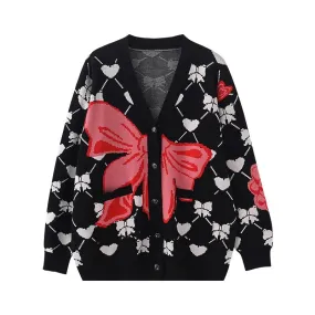 Winter Knitted Cardigan Sweater Coat Thickened Cute Bow Jacquard V-neck Cardigan Women's Jacket C-169