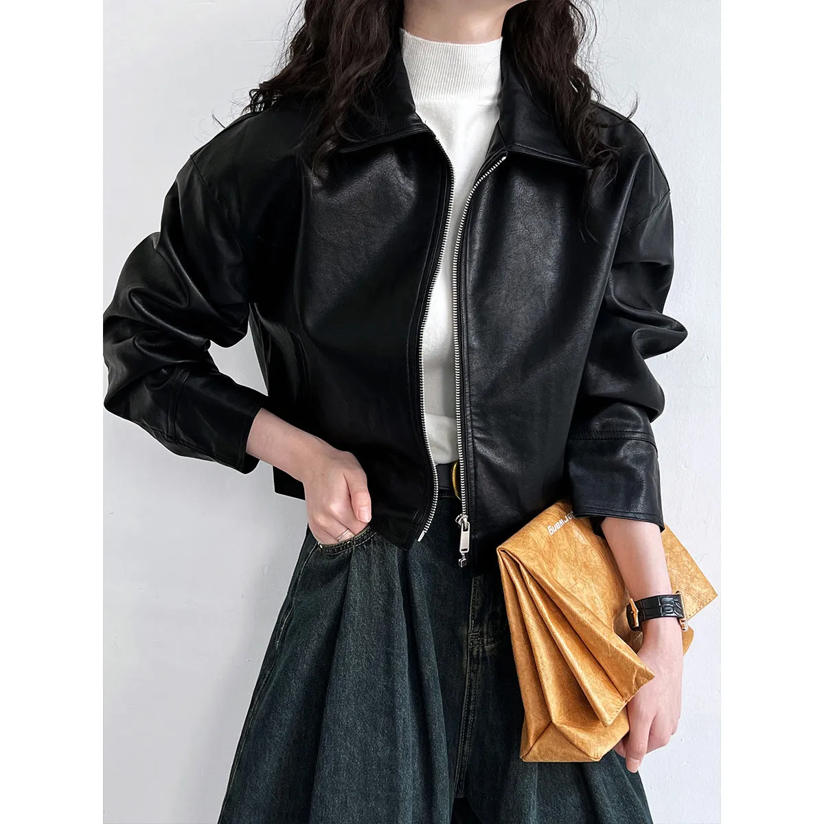 Wjczt barn jacket outfits Luxi Cool Handsome High Sense ~ Lapel Leather Coat Women's Spring and Autumn Hong Kong Style PU Leather Jacket Motorcycle Top Trendy 9595