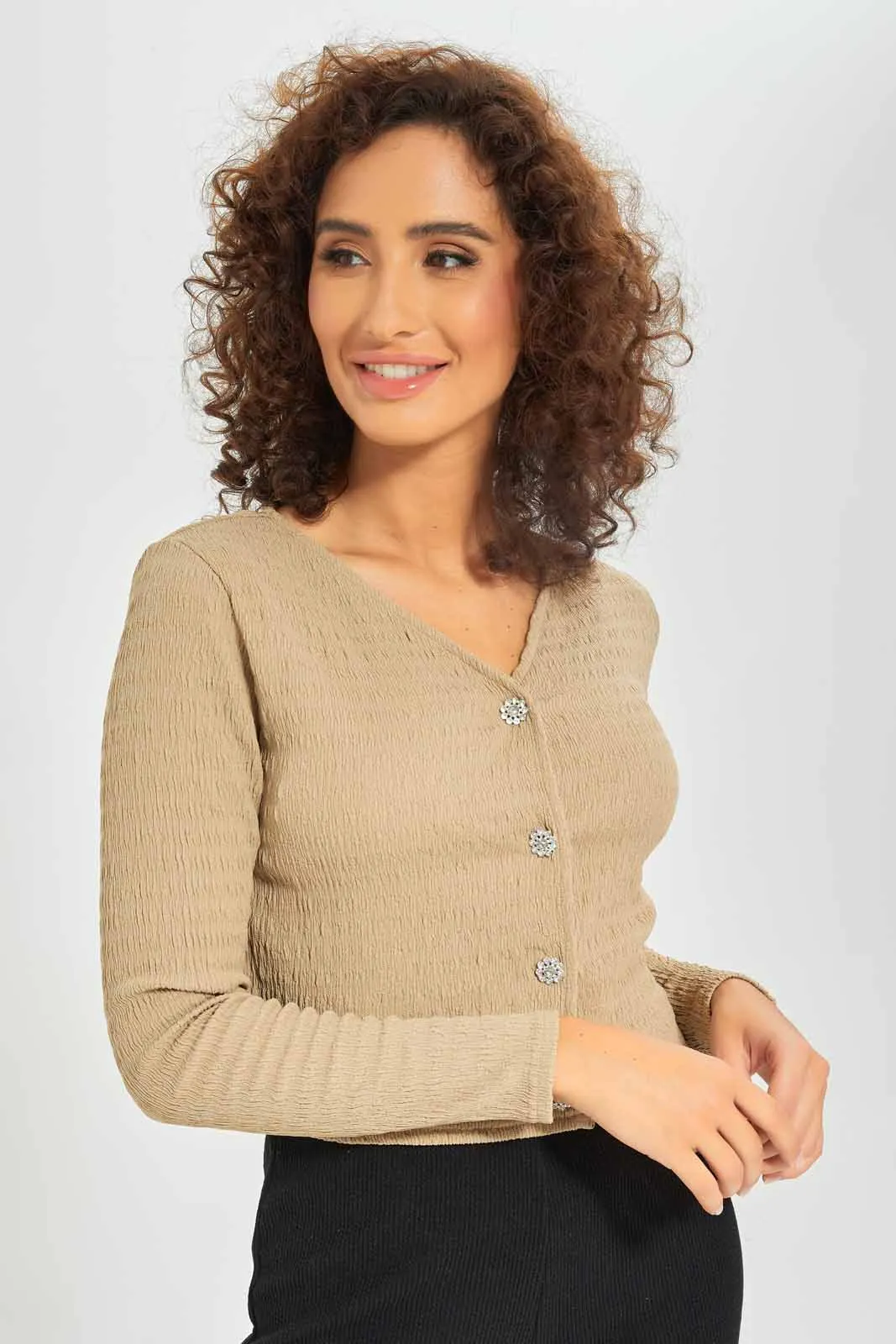 Women Beige Front Button Crinkle Cardigan