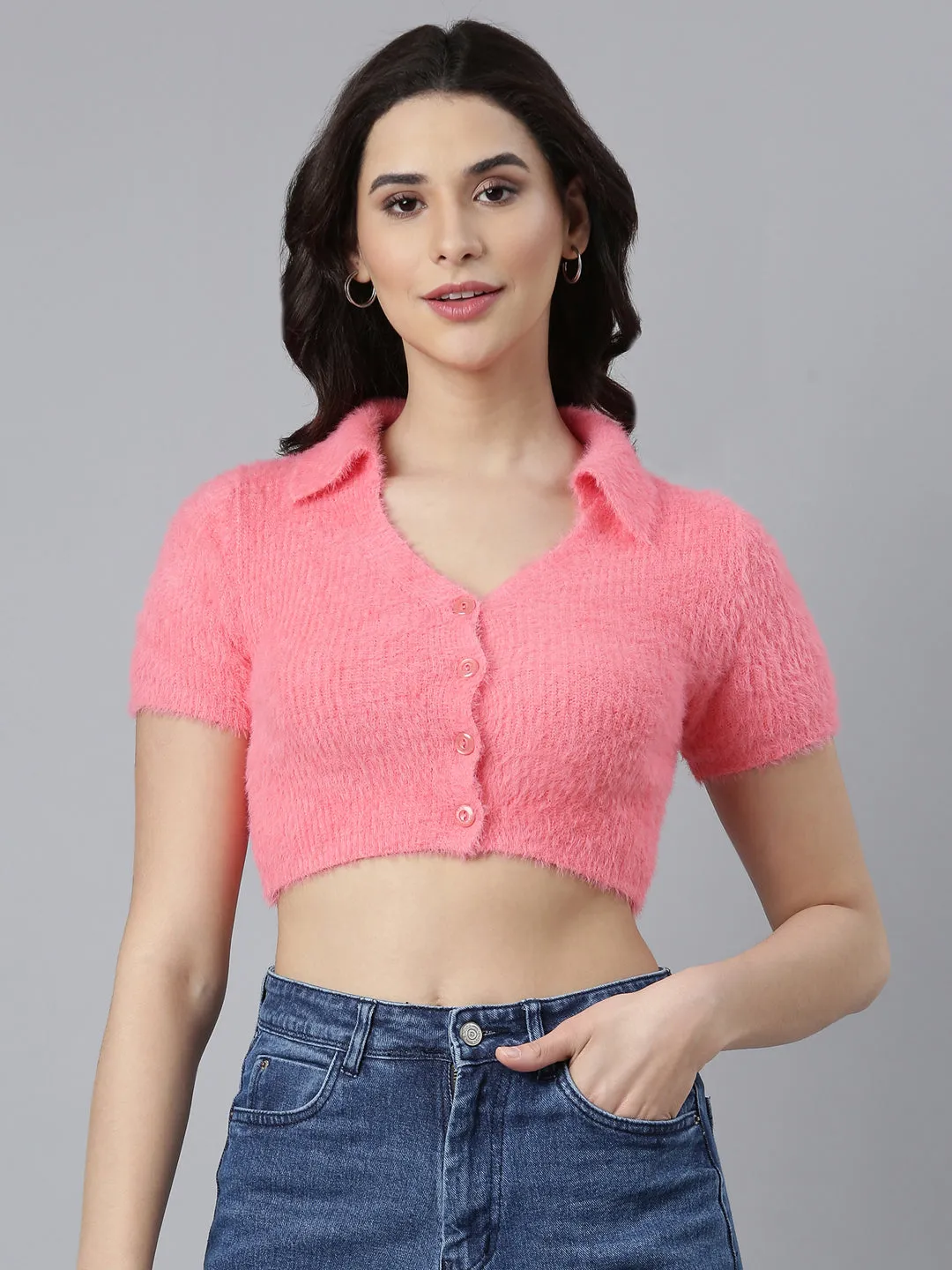 Women Solid Peach Crop Top