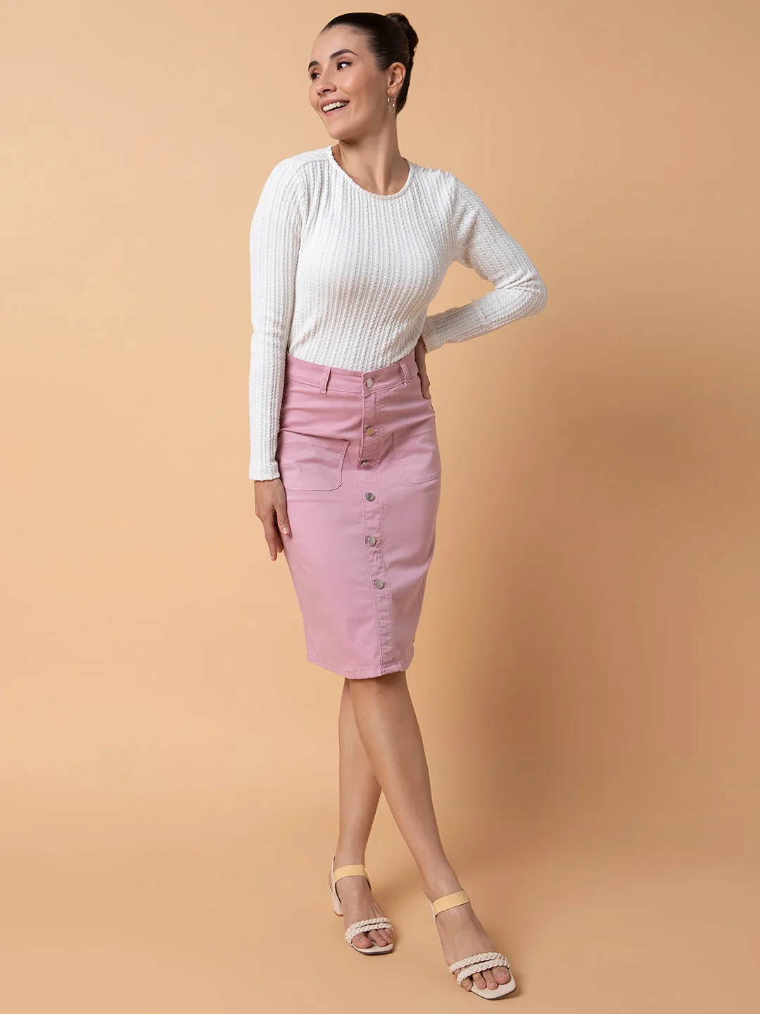 Women Solid Pink Pencil Skirt