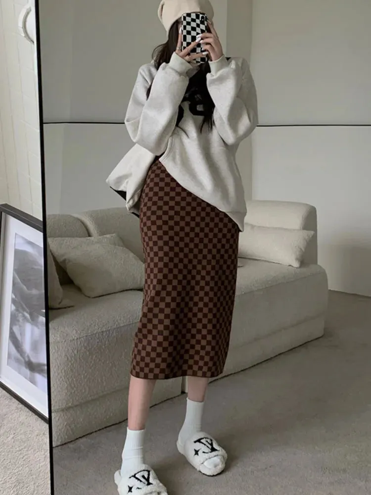 Women's Plaid Jacquard High Waisted Midi Skirt A-line Bodycon Long Pencil Skirt Y2K Streetwear E-Girl 90s Fashion C-095