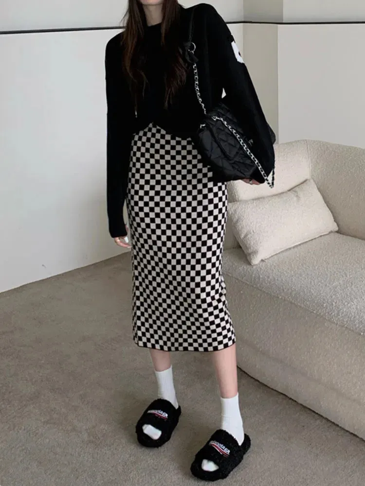 Women's Plaid Jacquard High Waisted Midi Skirt A-line Bodycon Long Pencil Skirt Y2K Streetwear E-Girl 90s Fashion C-095