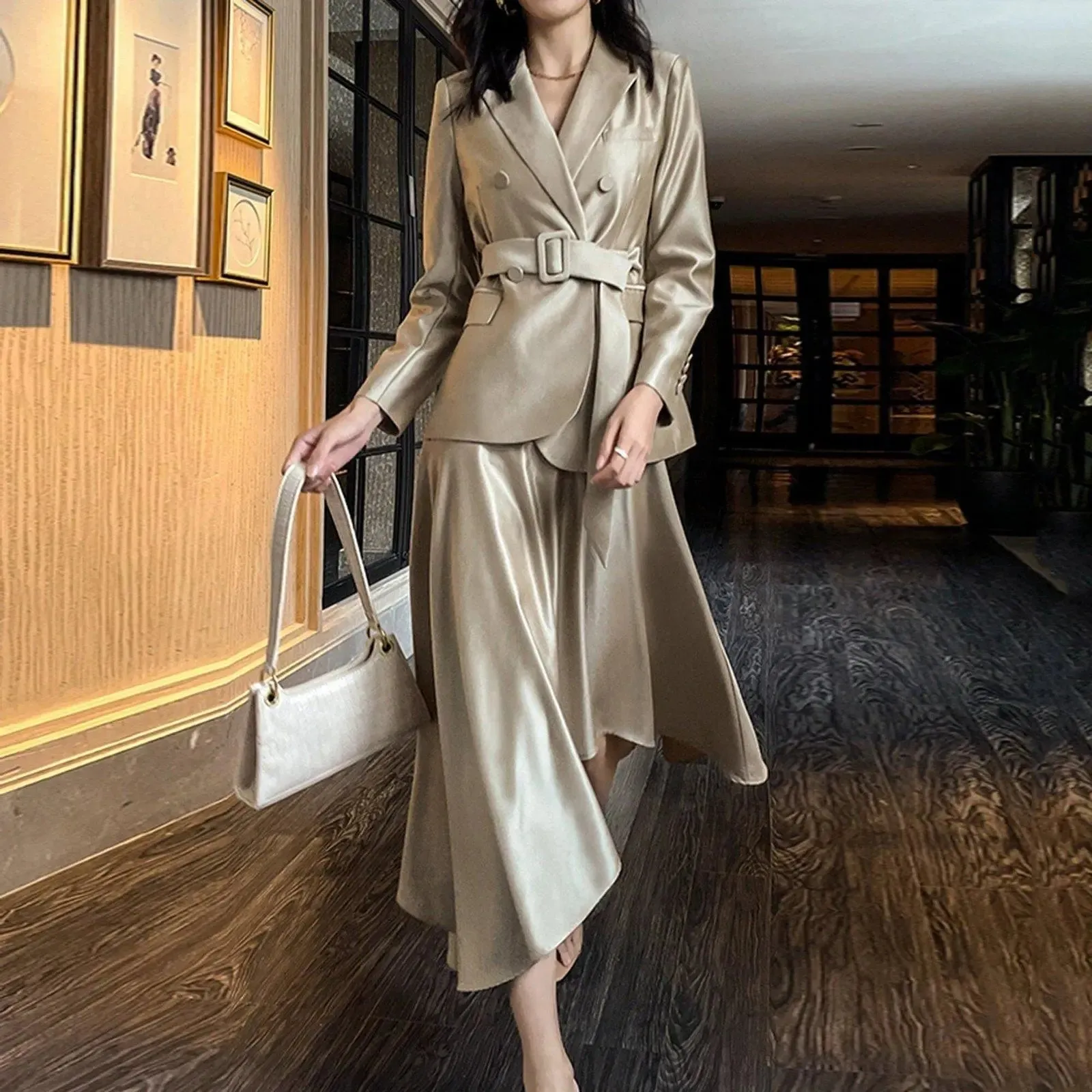 Women's slim-fit asymmetric acetate suit   high-waist skirt Set,Double breasted Blazer Coat and Long Midi Skirt Set,2 piece Set,Wedding Suit