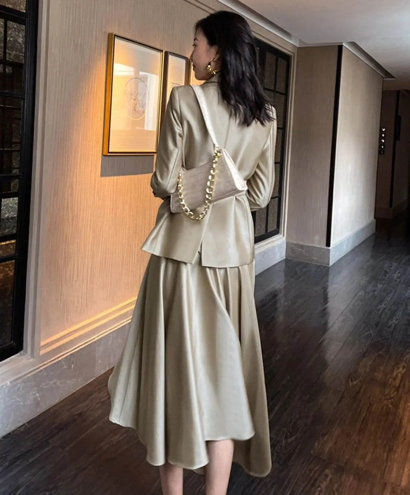 Women's slim-fit asymmetric acetate suit   high-waist skirt Set,Double breasted Blazer Coat and Long Midi Skirt Set,2 piece Set,Wedding Suit