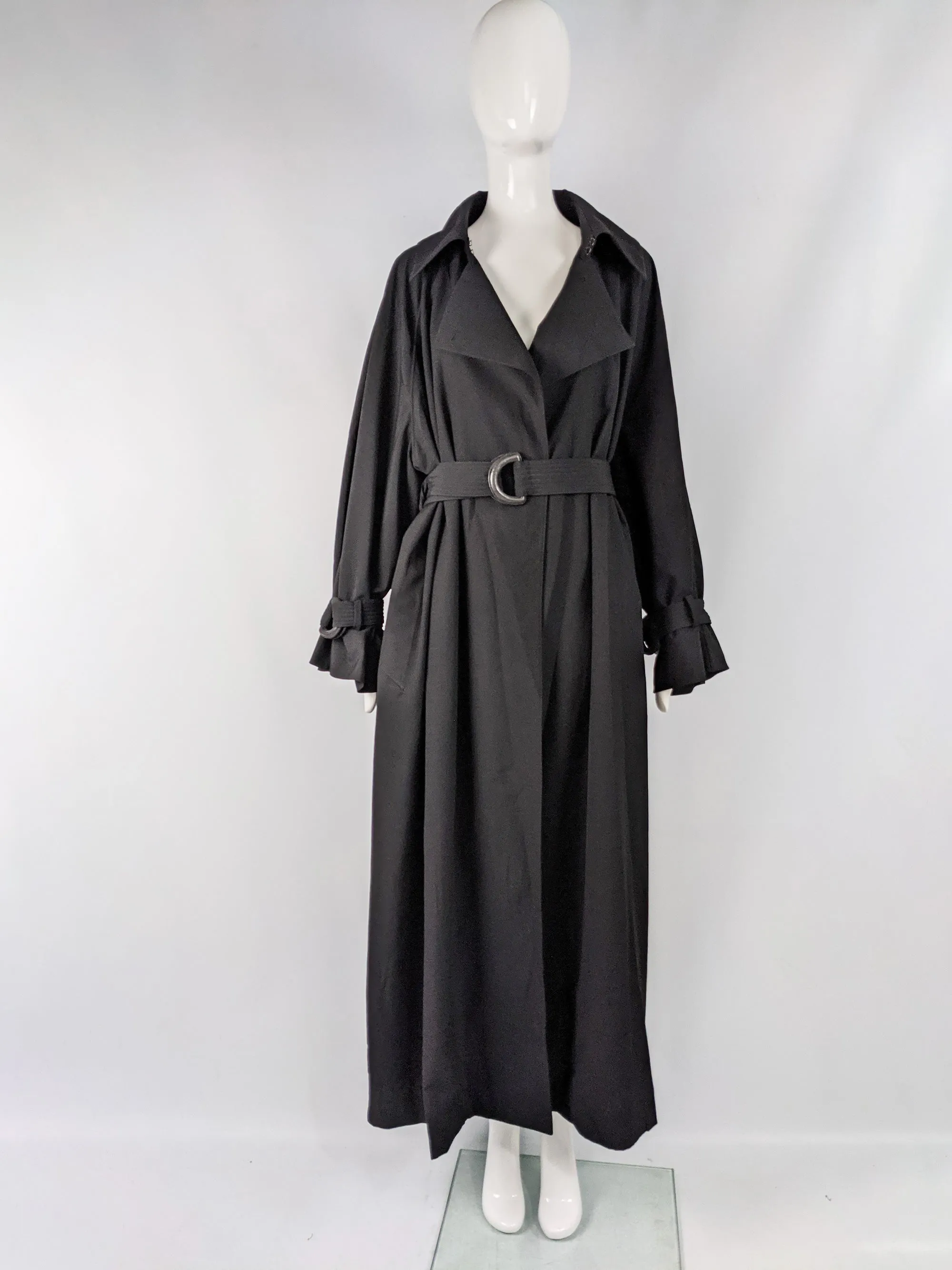 Womens Vintage Black Full Length Trench Coat, 1980s